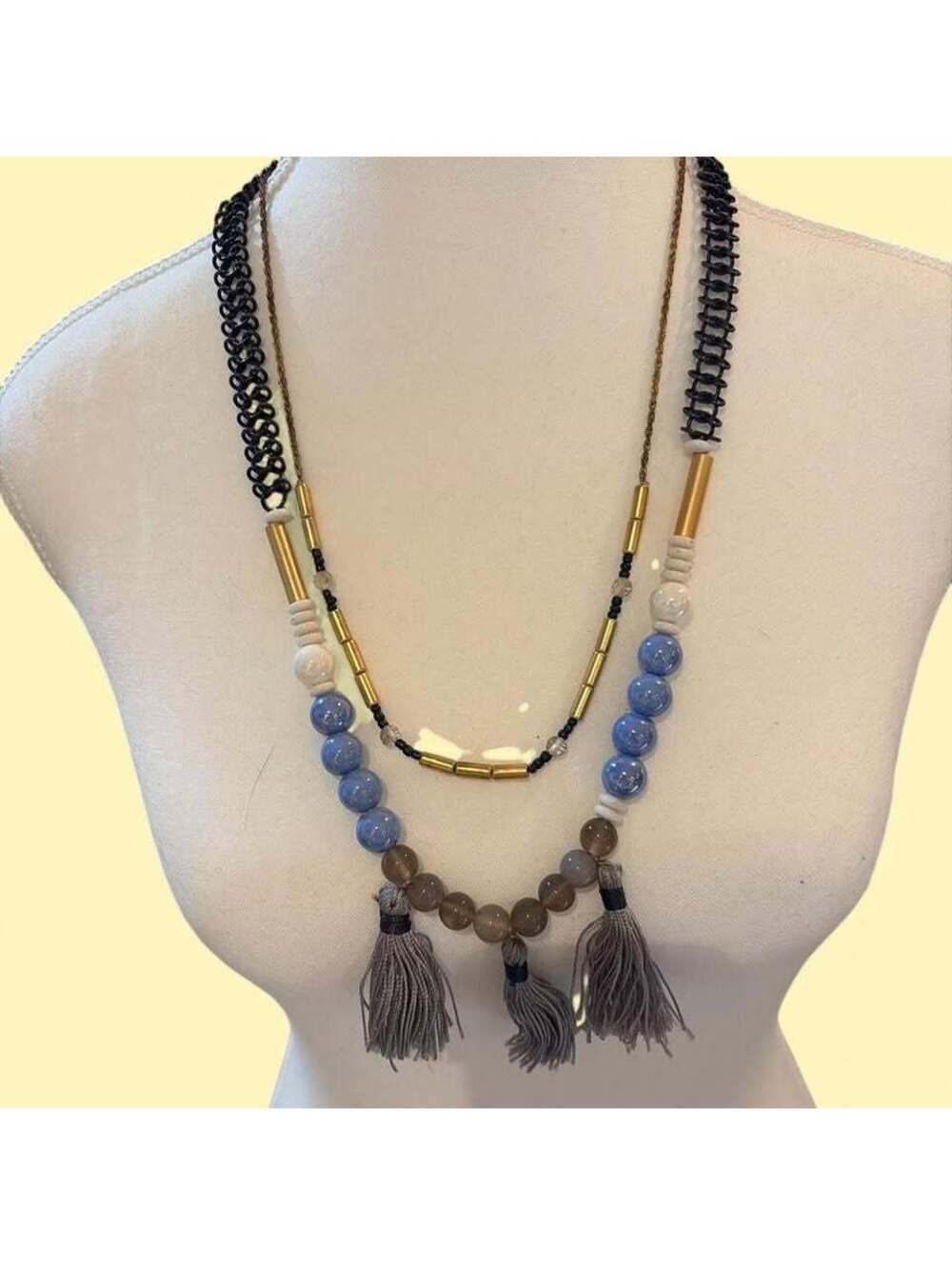 Double Layer Beaded Statement Necklace with Tassels